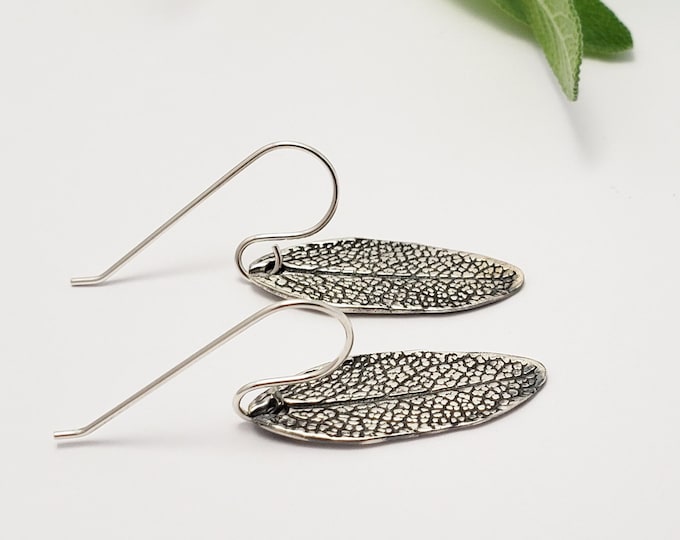 Silver sage Leaf earrings, Botanical jewelry