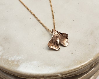 Bronze Gingko Leaf Necklace, Gold fill 14k