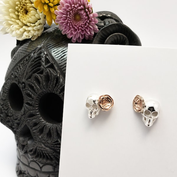 Boucles d'oreilles argent sterling Tête de mort et Roses bronze, Brelokz