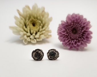 Oxidized Silver Earrings, Rose Studs, Black Roses, Flower studs, Silver flower, Botanical Jewelry, Nature Jewelry, Handmade