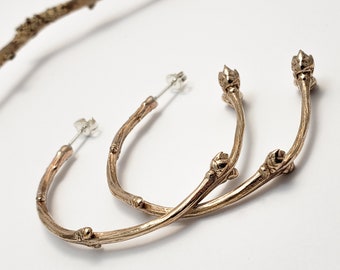 Hoop Earrings, Bronze botanical jewelry, Lilac twig
