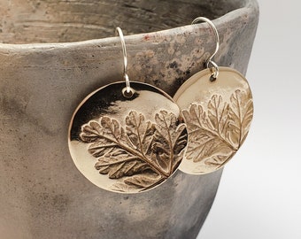 Boho Bronze earrings, Hoop Earrings, Leaf Printed jewelry, Nature Inspired Jewelry, Leaf, Botanical Jewelry, Handmade, Feverfew leaf
