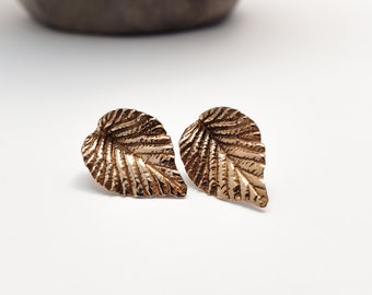 Bronze leaf stud earrings, Botanical Jewellery, Elm leaves