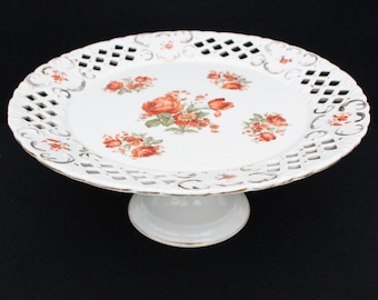Fruit Bowl Cake Stand Compotier Blue White 19th century Vintage French SALINS Terre de fer Pattern CHEVREUSE Rustic Kitchen China France
