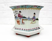 Vintage China Hexagonal landscape painted ceramic planter and tray, famille rose , Qianlong Mark, Chinese planter, Height 6 inch