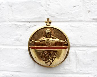 Art Deco brass holy water font, holy water stoup, wall hanging holy water holder, religious, Hoffer Belgium, art deco roses Height 5.5 in