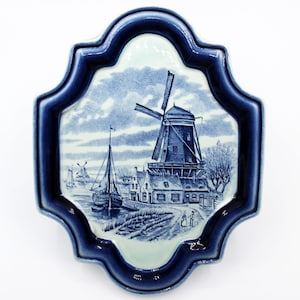 Vintage ceramic delft wall plaque, delft blue design, wall hanging, Boch Freres, wall decor, windmill farmhouse lake boats decoration
