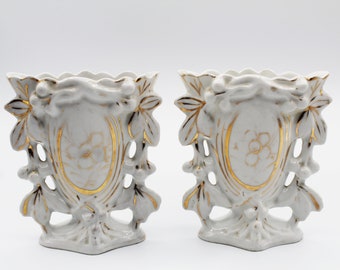 Antique pair of Vieux Paris porcelain vases, Louis Philippe cornet vase, bridal vase, white glaze, mantel vase, wedding vase, twin vase