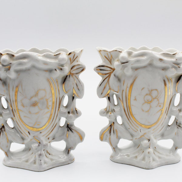 Antique pair of Vieux Paris porcelain vases, Louis Philippe cornet vase, bridal vase, white glaze, mantel vase, wedding vase, twin vase