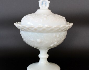 Antique French white opaline pedestal bowl, style Portieux Vallerysthal, milk glass, Footed Bowl, pressed glass, thistle design, bonbonniere