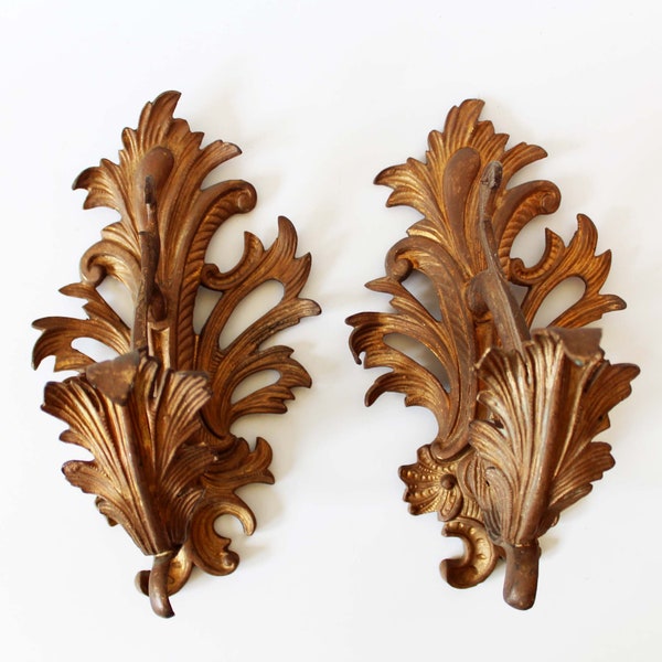 2 large antique French bronze sconce holder, wall light holder, acanthus leaf, Baroque, Regency, wall hook, castle, restoration