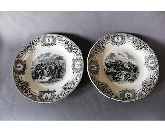 Set of two Vintage ceramic Boch Freres Keramis Belgium plates, Napoleon Bonaparte historical scenes, black on white, Benhout Marechal Lannes