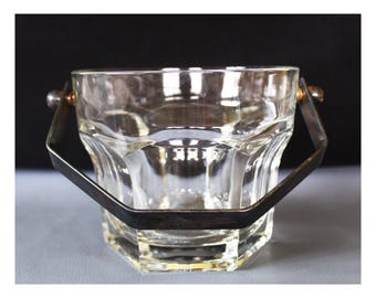 Vintage thick crystal glass ice bucket with movable silver plate handle, made in Italy, Italian, hexagonal base, barware