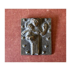 Vintage bronze religious Madonna and child devotional plaque, pendant, wall hanging, Religious, Egino Weinert style modernist abstract
