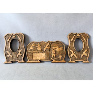 Set of three antique wood frames and souvenir plaque, hand made, hand engraved poker work technique, doves flying, collectable, photo frame