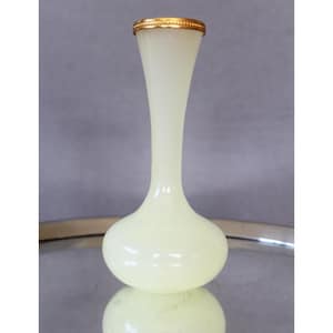 Small vintage uranium opaline glass bud vase, Murano Italy, art glass, soliflore, Ormolu Beaded Mount, gold metal rim, soft yellow ouraline