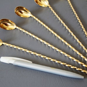 6 Vintage bar spoons, long-handled spoons, cocktail spoons, gold colored, original box, barware, twirl spoon image 5