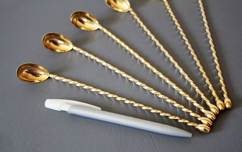 6 Vintage bar spoons, long-handled spoons, cocktail spoons, gold colored, original box, barware, twirl spoon image 5