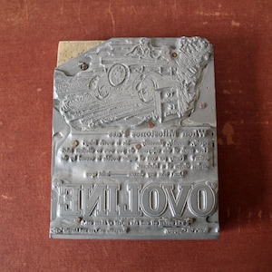 Large vintage England Ovoline motor oil metal and wood printing block stamp, Advertising Printing Plate, Newcastle on Tyne Lincoln Brett Oil