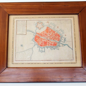 Antique framed map Tournai Belgium Tournay, A Paris Chez le Sr de Fer, hand colored engraving, Europe City Maps, lass front, fortified city