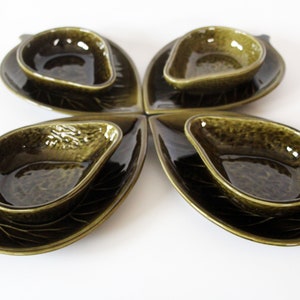 Vintage Portugal Secla ceramic majolica avocado serving set, 4 bowls and 4 leaf shaped plates, MCM, dish, vegetable, olive green, 1970s