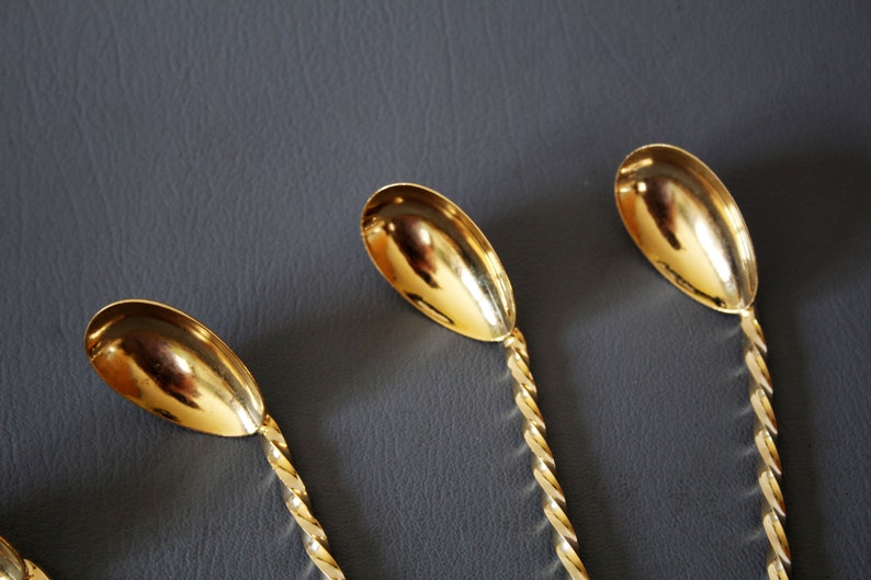 6 Vintage bar spoons, long-handled spoons, cocktail spoons, gold colored, original box, barware, twirl spoon image 3