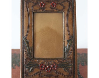 Antique Art Nouveau leather Photo Frame, Arts and Crafts embossed leather, cardboard backing, table top Picture Frame,