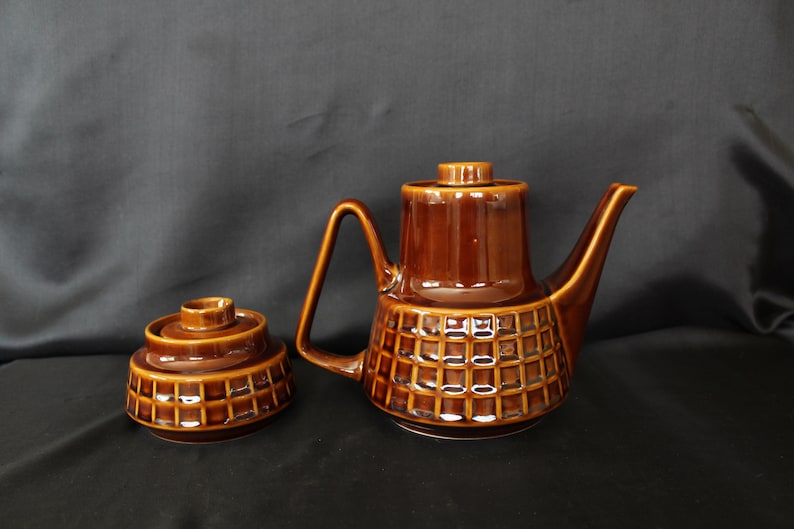 Vintage ceramic mid-century Pruszkow sugar and coffee pot, sugar bowl with lid, coffee pot, coffee set Polish pottery kitchenalia image 4