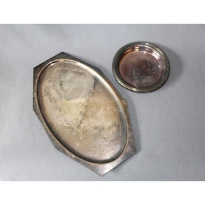 Two vintage silver plate serving trays, round bottle boaster, round tray, oval Art Deco style serving platter