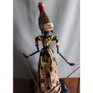 Vintage Wayang Golek traditional wood puppet marionette, Indonesia Sundanese, carved hand made, articulated, clothes, theatre, stick puppet
