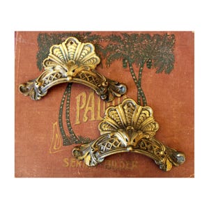 May include: Two ornate gold-toned metal drawer pulls with a fan-shaped design. The pulls are on a brown surface with the word "Palm" visible.