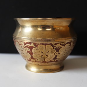 Small vintage brass etched bowl, engraved and enamelled, red color, planter bowl, India handmade, ornate, solid brass, flower motif