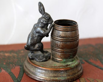Antique Victorian Britsh match striker, toothpick holder, rabbit hare animal match Holder, lead and tin, wine barrel, pyrogene, collector