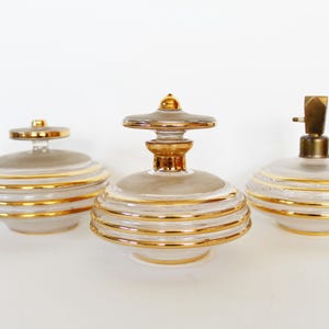 3 piece Vintage Art Deco crystal glass perfume bottle, lidded box and atomiser, gold rims, Czechoslovakia art glass, label, circa 1940s