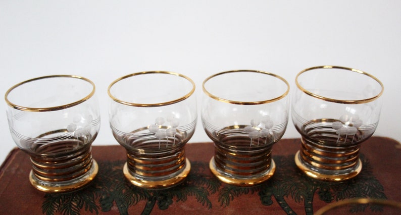 6 Art Deco French liquor glasses, small glasses, cordial glasses, bistro chic France, barware, gold rim, etched design, hand decorated image 5