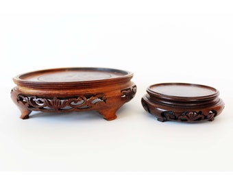 2 carved wood round display stand, chinese carved brown intricate design, for vase, figurine, statue, collection, some missing sections