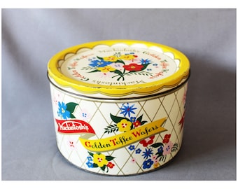 Vintage 1960s MCM Large Mackintosh Golden Toffee Wafers round tin metal box, 5 lb, retro mid century flower power, bright yellow England