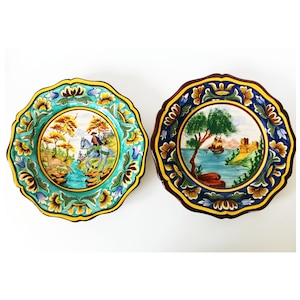 2 Vintage French ceramic presentation plate, hand painted, knight on horse, castle and sail boat landscape scene, embossed, majolica glaze
