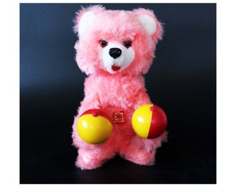 Vintage circa 1970s German pink teddy bear, toy, Carl Original, Carl 15, bright candy pink, wind-up but doesn't work, original label