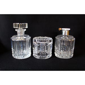 Set of 3 piece Art Deco pressed heavy cut crystal glass vanity set, Val Saint Lambert Belgium, perfume bottle, atomiser, box, 1930s