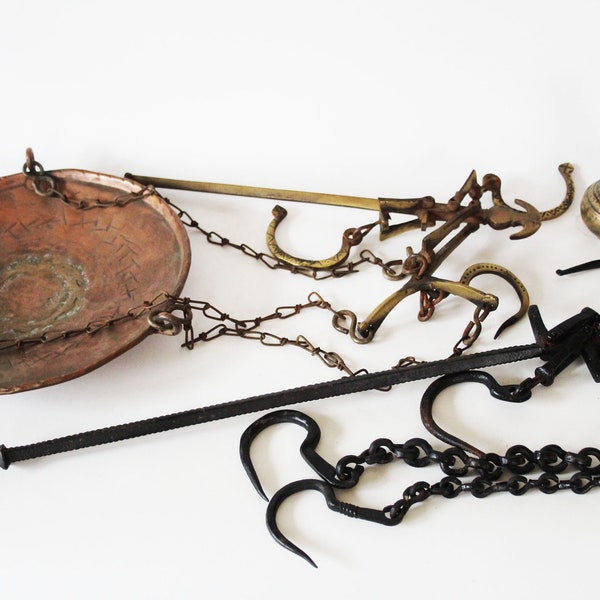 Two antique 19th century Dutch scale, brass copper iron, hooks, weight, copper bowl, iron chain, brass chain, plant hanger, industrial decor