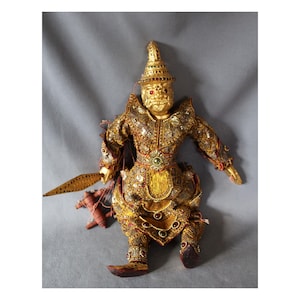 Vintage Burmese Myanmar traditional wood puppet marionette, carved hand made, articulated, clothes, theatre, string puppet, warrior, sequins