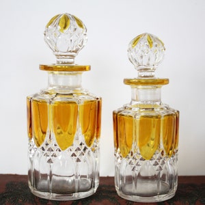 Art Deco 2 piece perfume bottle set, Val Saint Lambert Luxval, 1908 model Valembert, Belgium glass, art glass, amber clear, 16.5 centimeter