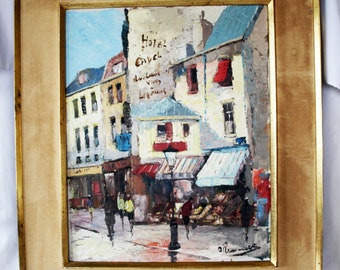 Large and tall vintage oil painting on canvas and wood frame, street scene, Paris France Hotel, signed, wear on frame, gilt canvas frame