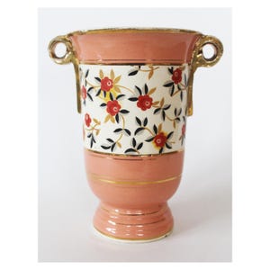 Vintage Art Deco Raymond Chevallier, Boch Freres Keramis ceramic vase, Urn vase, Belgium, pink peach glaze, gold accents, Charles Catteau