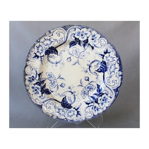 Large antique French Creil et Montereau LM ceramic round platter, Flora pattern, Terre de Feu, country farmhouse, blue and white,