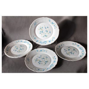 5 Vintage Arcopal ARC France Veronica Myosotis dinner plates, large plates, 1970s white opaline milk glass, French, blue and white, flowers