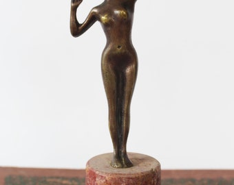 Vintage Bronze figurine, young woman stretching, art nouveau style, heavy marble base, small sculpture, paperweight desk decoration, cast