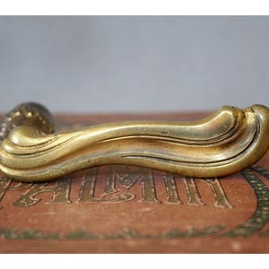 Peut inclure: Une poignée de porte en laiton courbé avec une finition métallique polie et une forme lisse et ondulée. La poignée présente une base arrondie et une longue prise fluide qui s'affine légèrement vers l'extrémité, affichant un ton doré chaud.