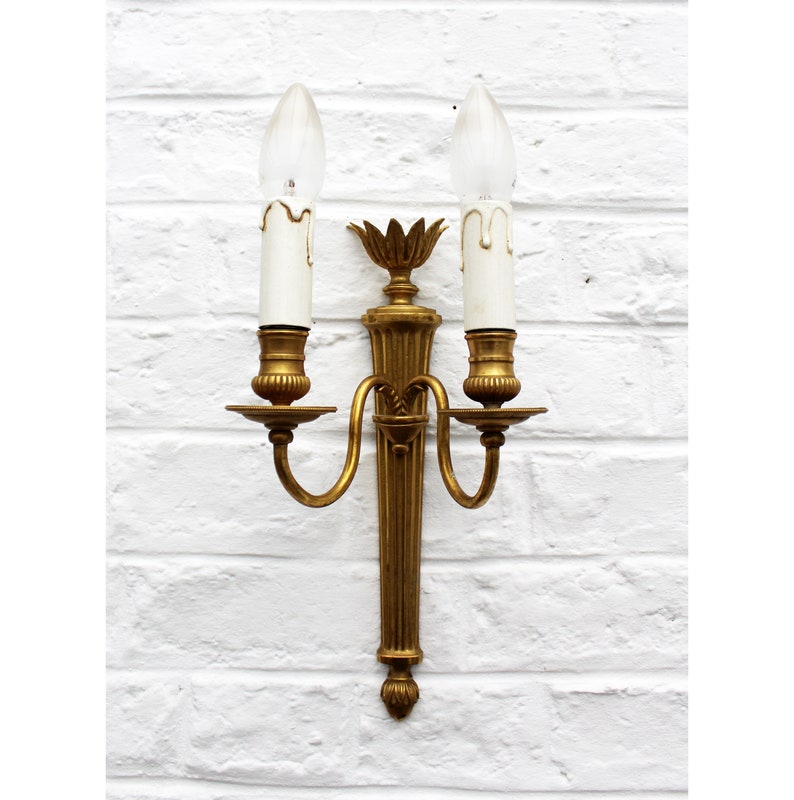 Vintage Brass Flame Wall Sconce Electric Light Fittings French Cast Shaped Double Holder Baroque Rococo